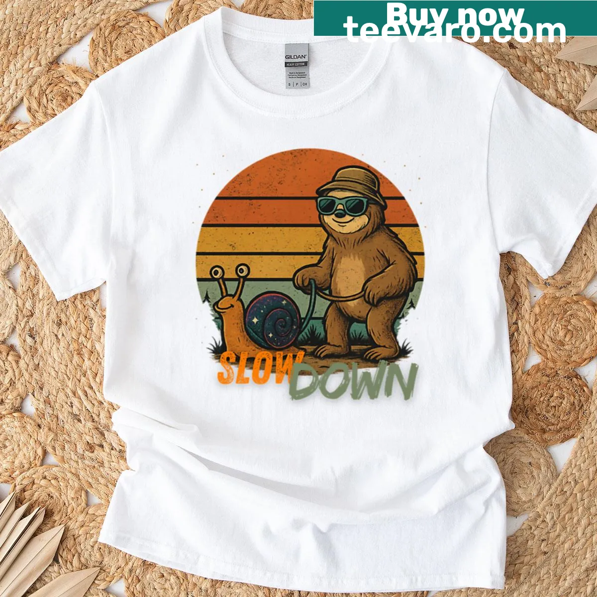 Vintage-style T-shirt featuring a sloth and snail design — on a men's t-shirt