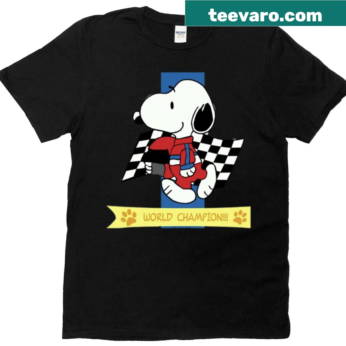 Retro Snoopy t-shirt featuring a racing theme design — on a men's t-shirt