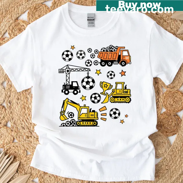 Playful T-shirt featuring soccer and construction truck graphics for kids