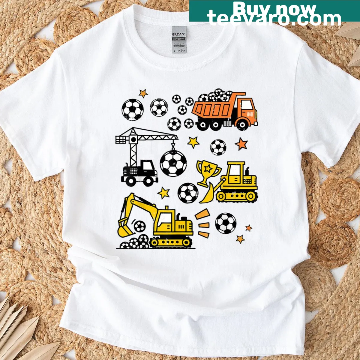 Playful T-shirt featuring soccer and construction truck graphics for kids — on a men's t-shirt