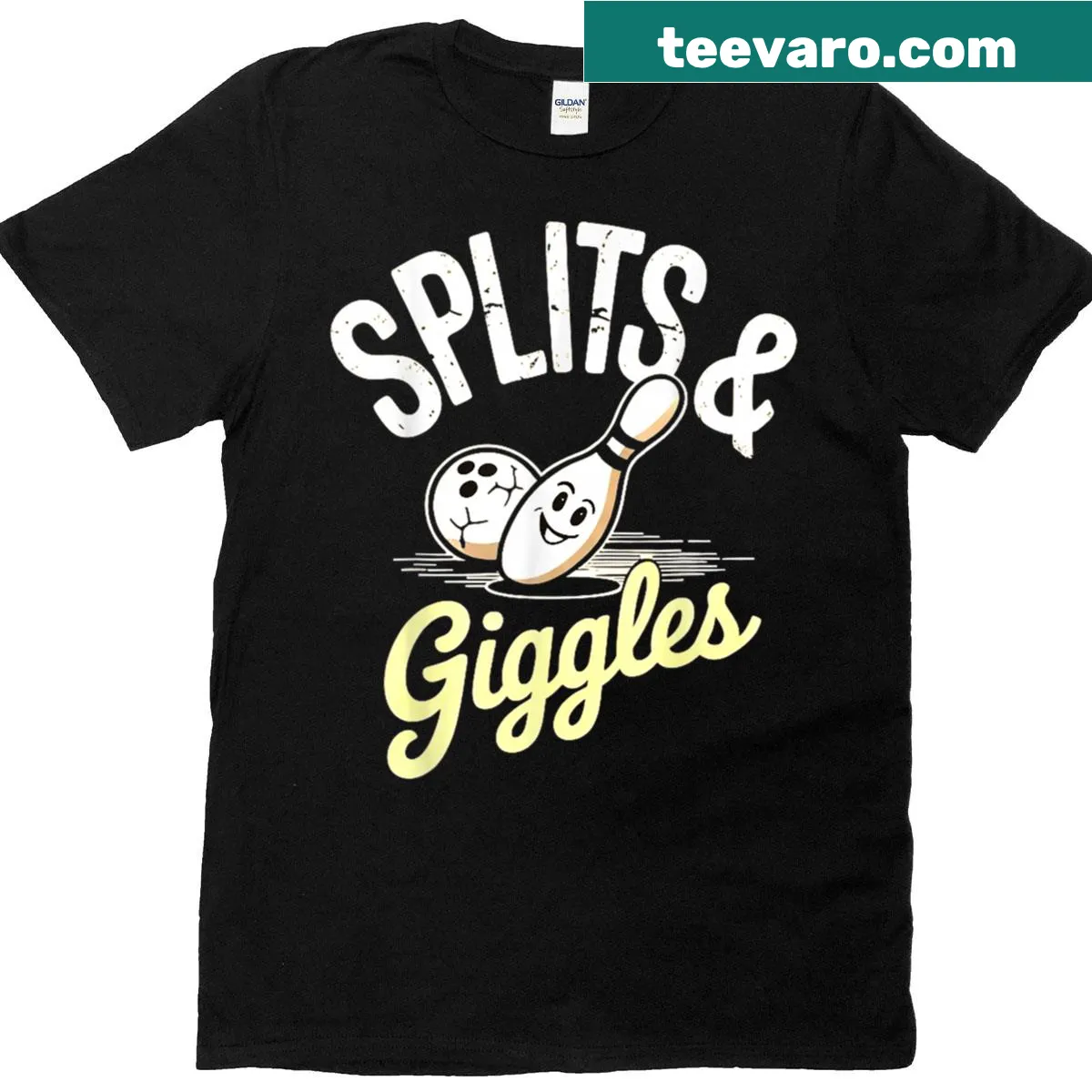 Humorous bowling T-shirt featuring 'Split And Giggle' graphic — on a men's t-shirt