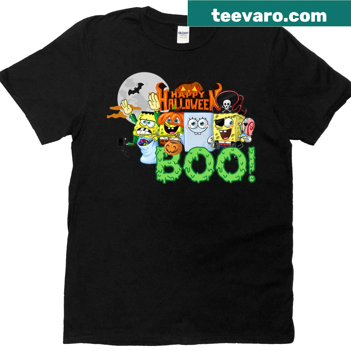 Spongebob-themed Halloween design on a t-shirt — on a men's t-shirt