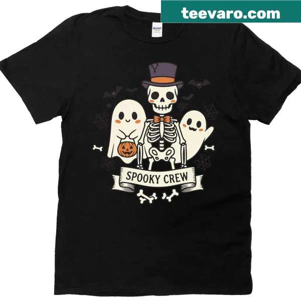 Cute ghosts and skeleton in top hat Halloween graphic tee