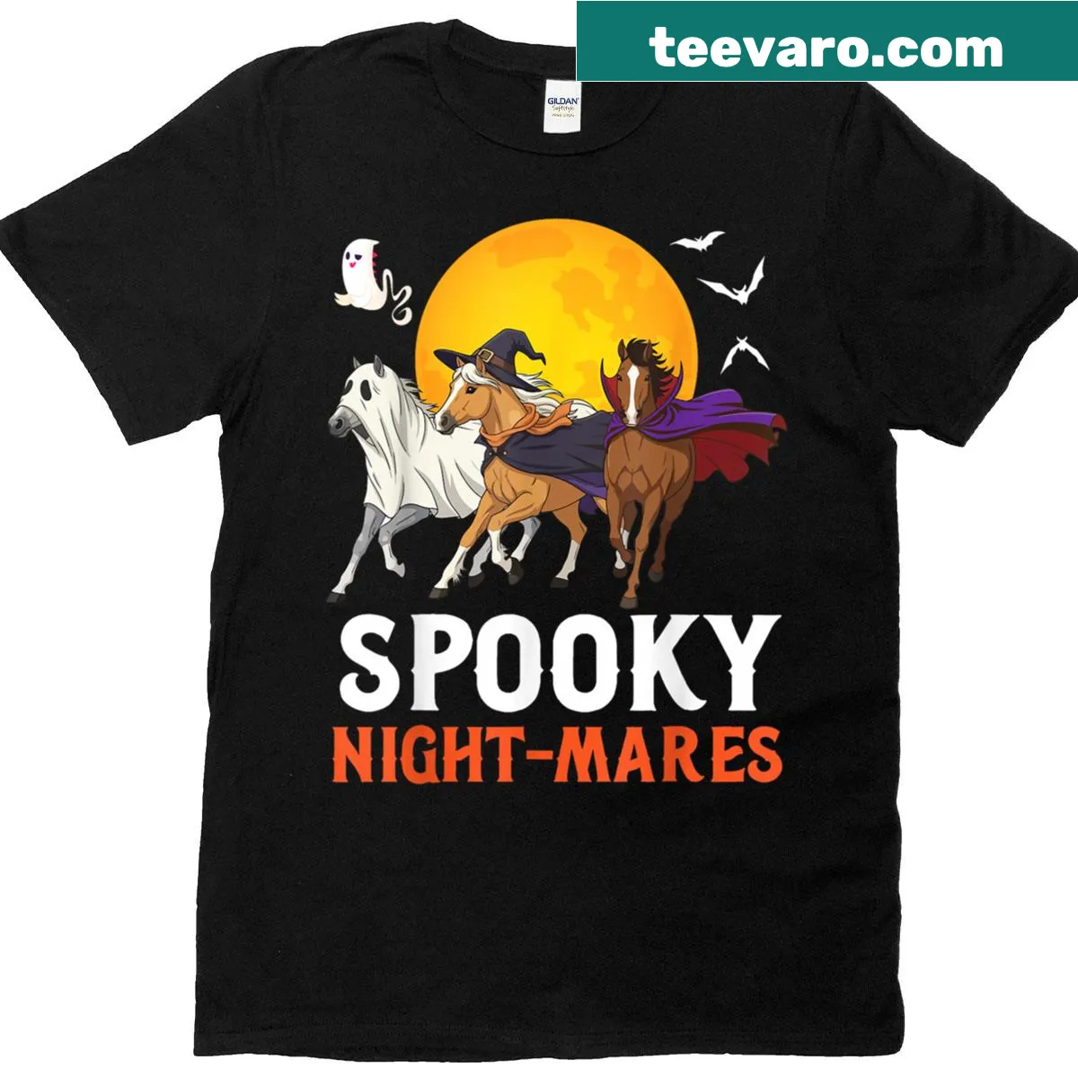 Illustration of horses under a full moon for Halloween — on a men's t-shirt