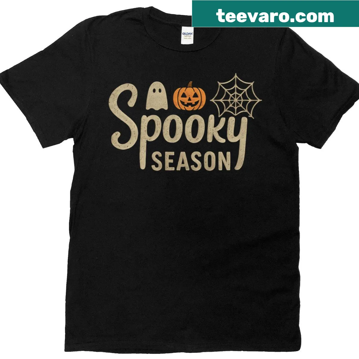 Retro Halloween t-shirt with ghost and pumpkins graphic — on a men's t-shirt