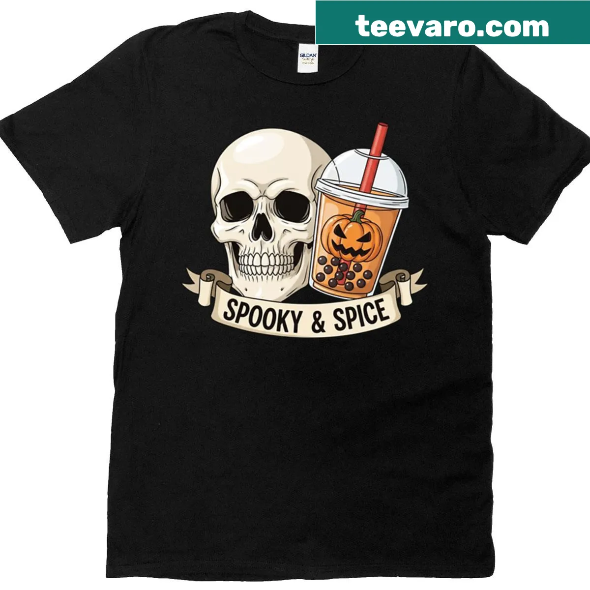 Halloween skull design with boba elements on a t-shirt — on a men's t-shirt