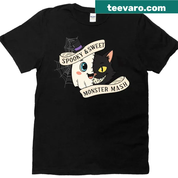 Cute ghost and black cat Halloween art T-shirt