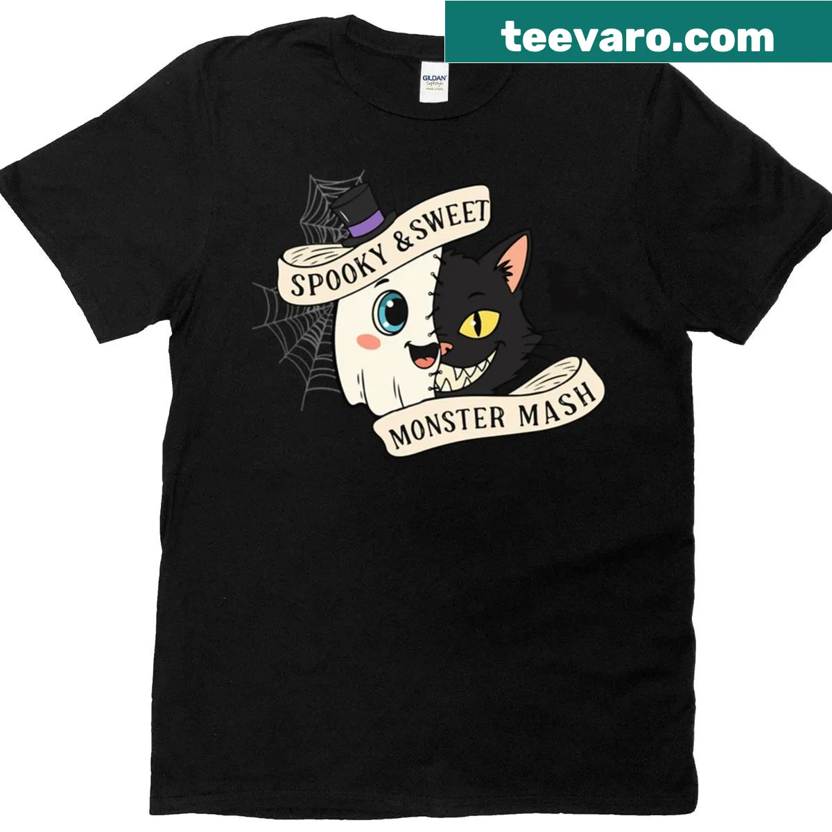 Cute ghost and black cat Halloween art T-shirt — on a men's t-shirt