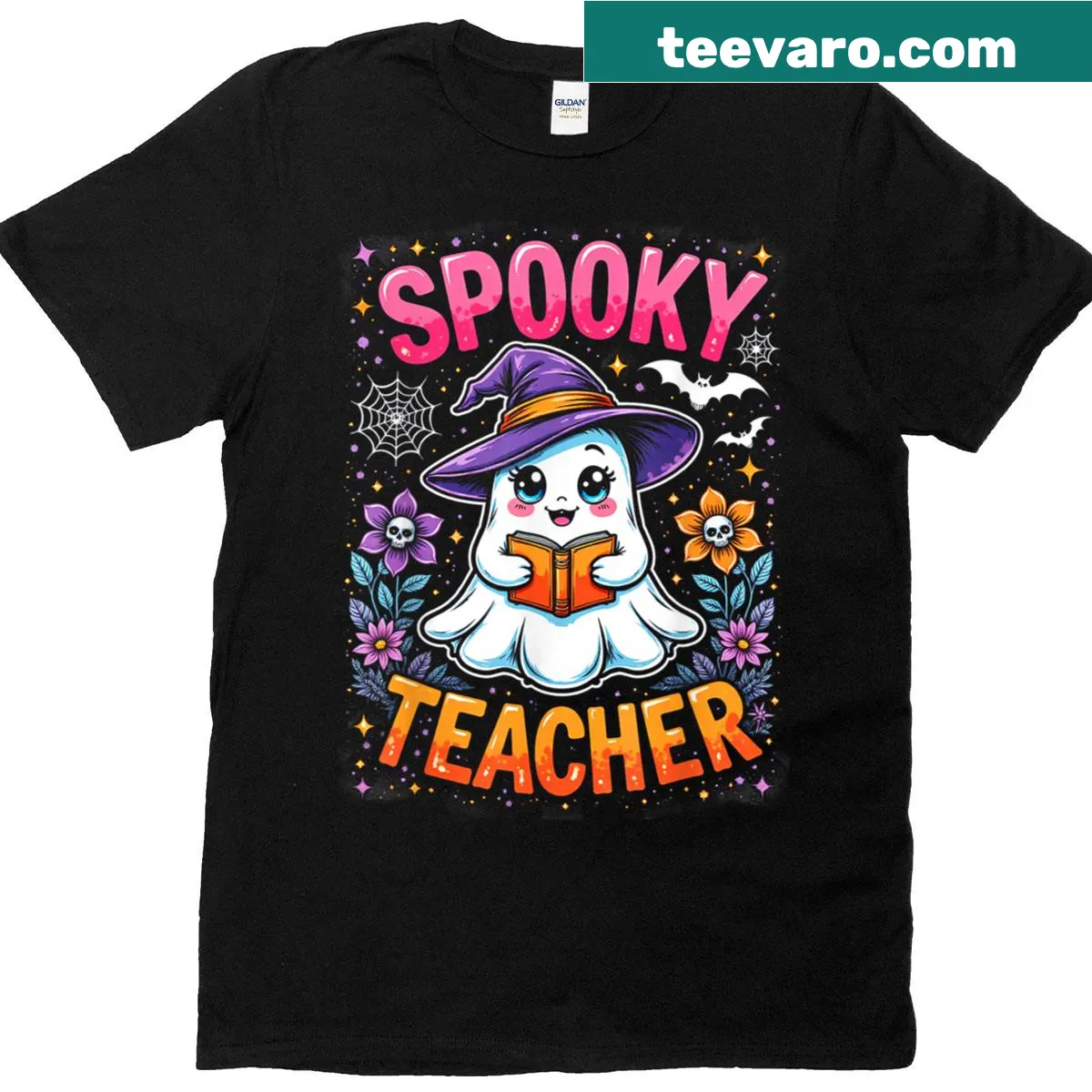 Cute ghost holding a book with 'Spooky Teacher' text for Halloween. — on a men's t-shirt
