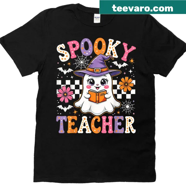 Cute Halloween t-shirt with a ghost reading a book, designed for teachers