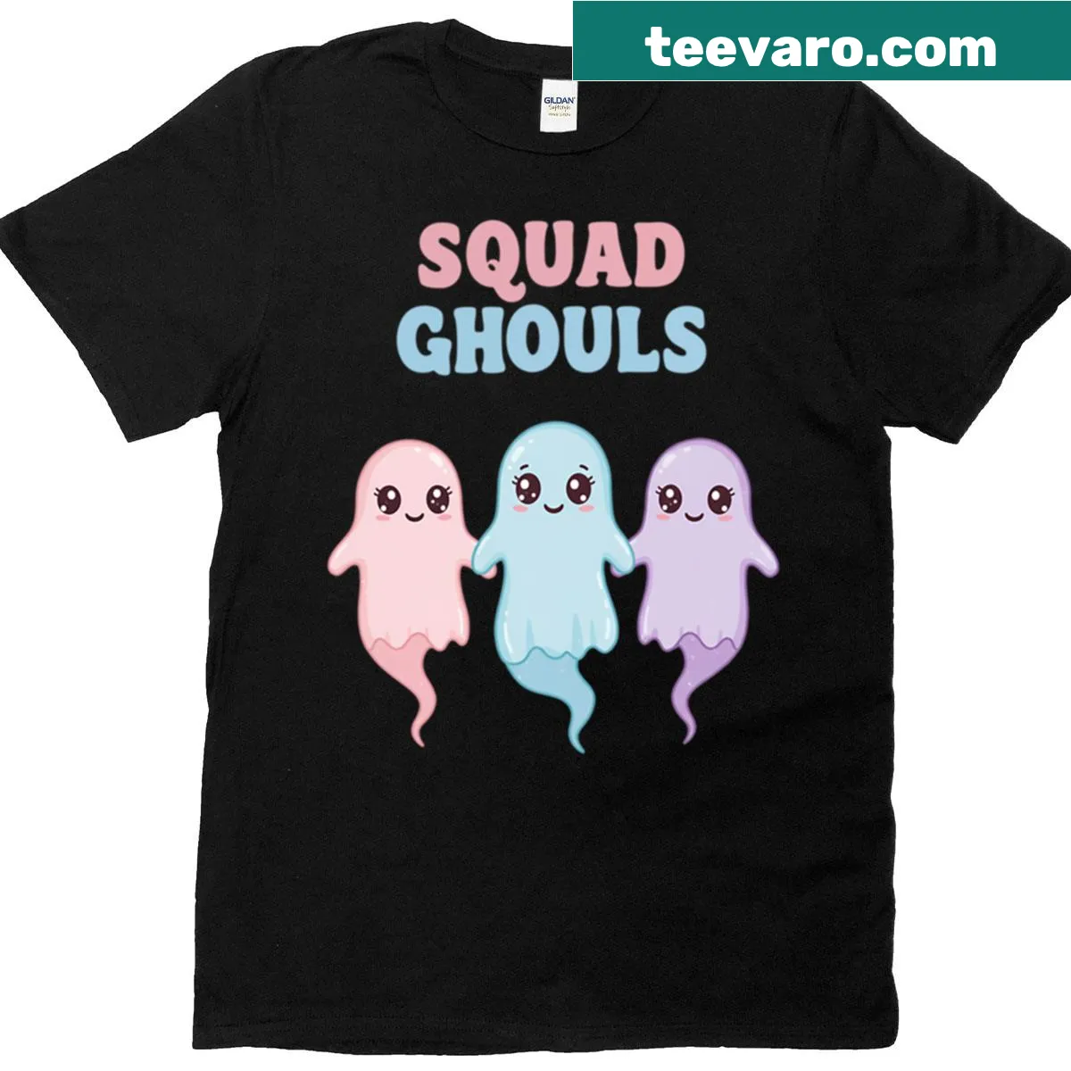 Cute cartoon ghosts with playful expressions for Halloween. — on a men's t-shirt