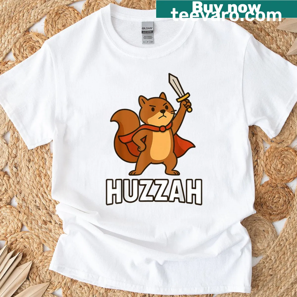 Funny knight squirrel t-shirt with Huzzah text and sword — on a men's t-shirt