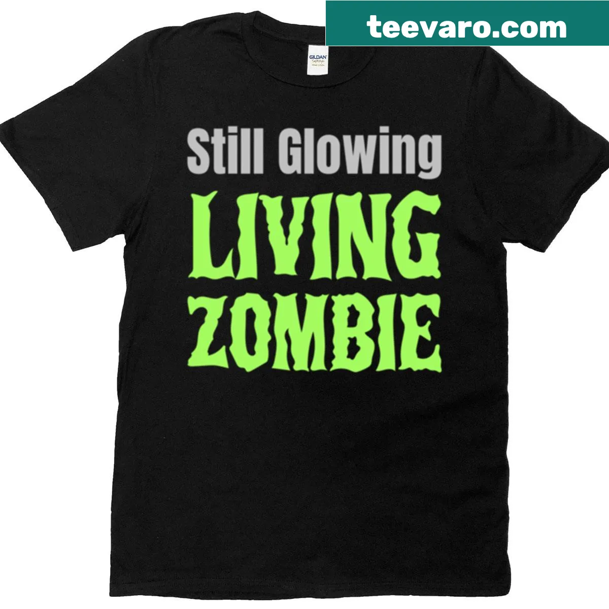 Neon zombie graphic on the 'Still Glowing Zombie Energy' T-shirt. — on a men's t-shirt