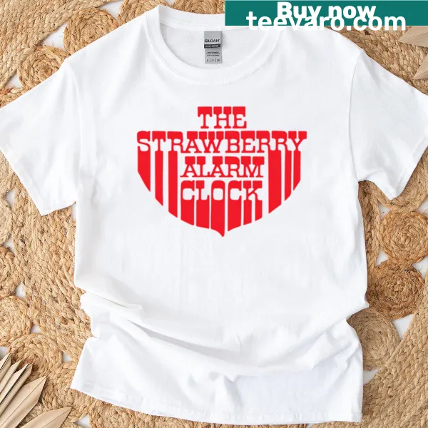 Vintage graphic honoring the Strawberry Alarm Clock band on T-shirt.
