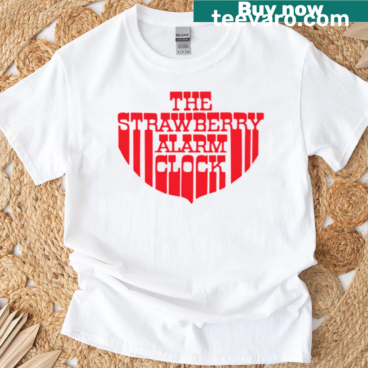 Vintage graphic honoring the Strawberry Alarm Clock band on T-shirt. — on a men's t-shirt