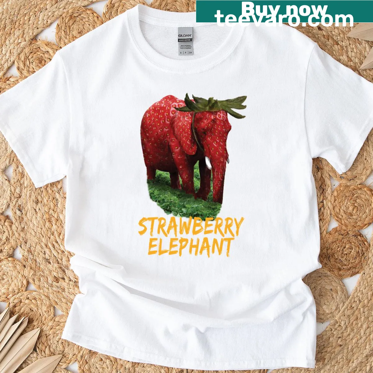 Adorable T-shirt with a cute elephant and strawberry design — on a men's t-shirt