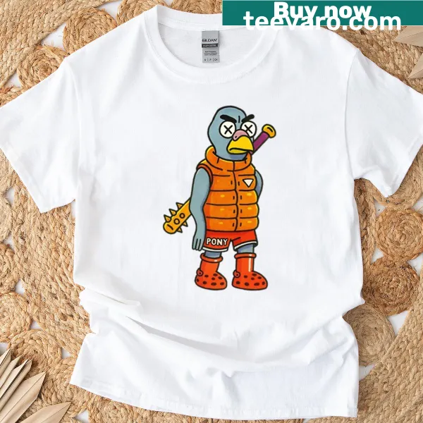Funny pigeon cartoon graphic t-shirt with urban pop art style