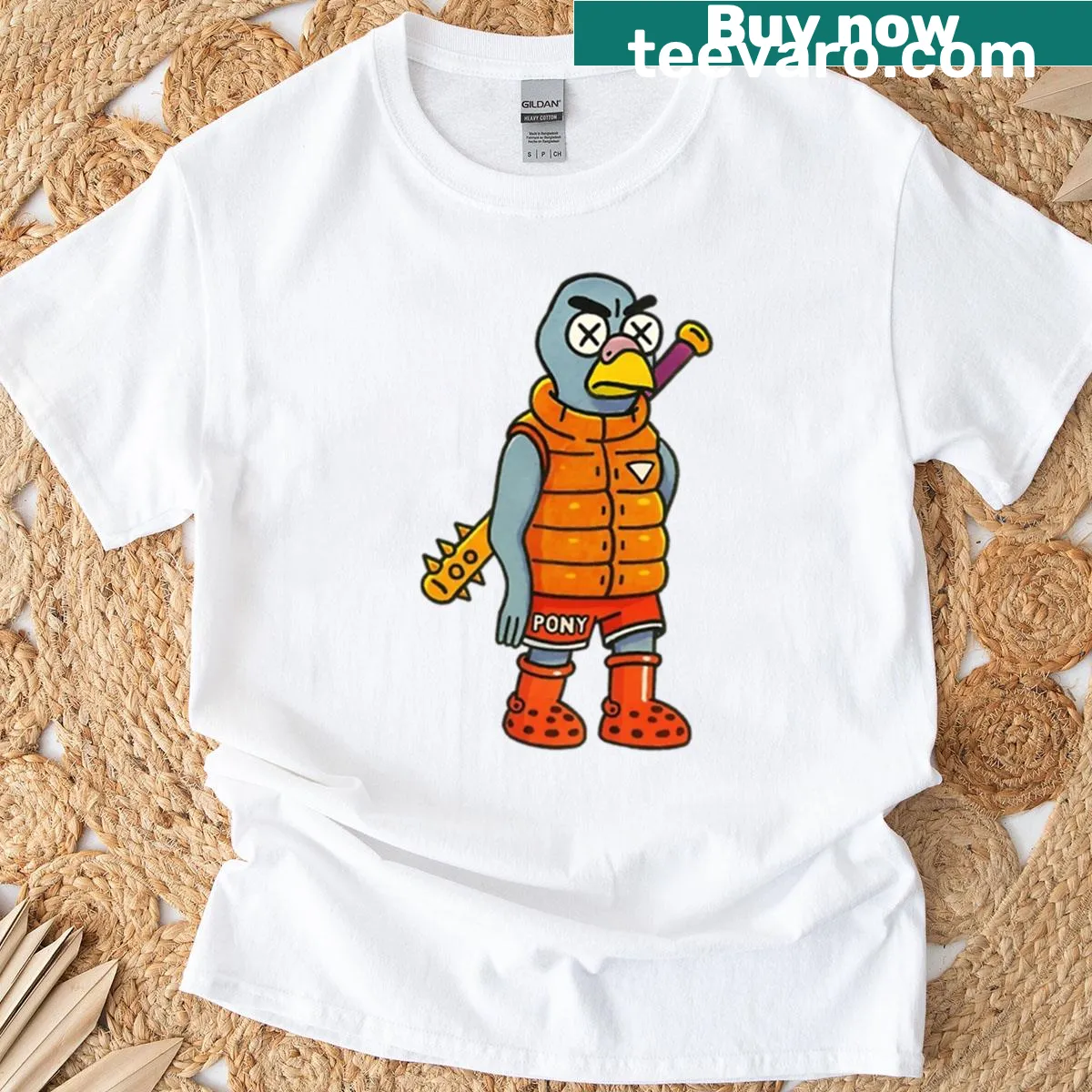Funny pigeon cartoon graphic t-shirt with urban pop art style — on a men's t-shirt