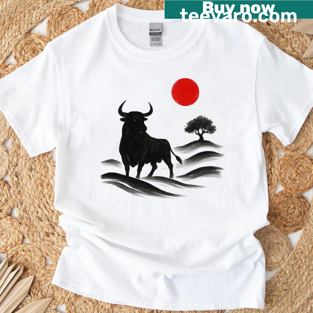 Sumi-e style T-shirt featuring Spanish landscape illustration — on a men's t-shirt