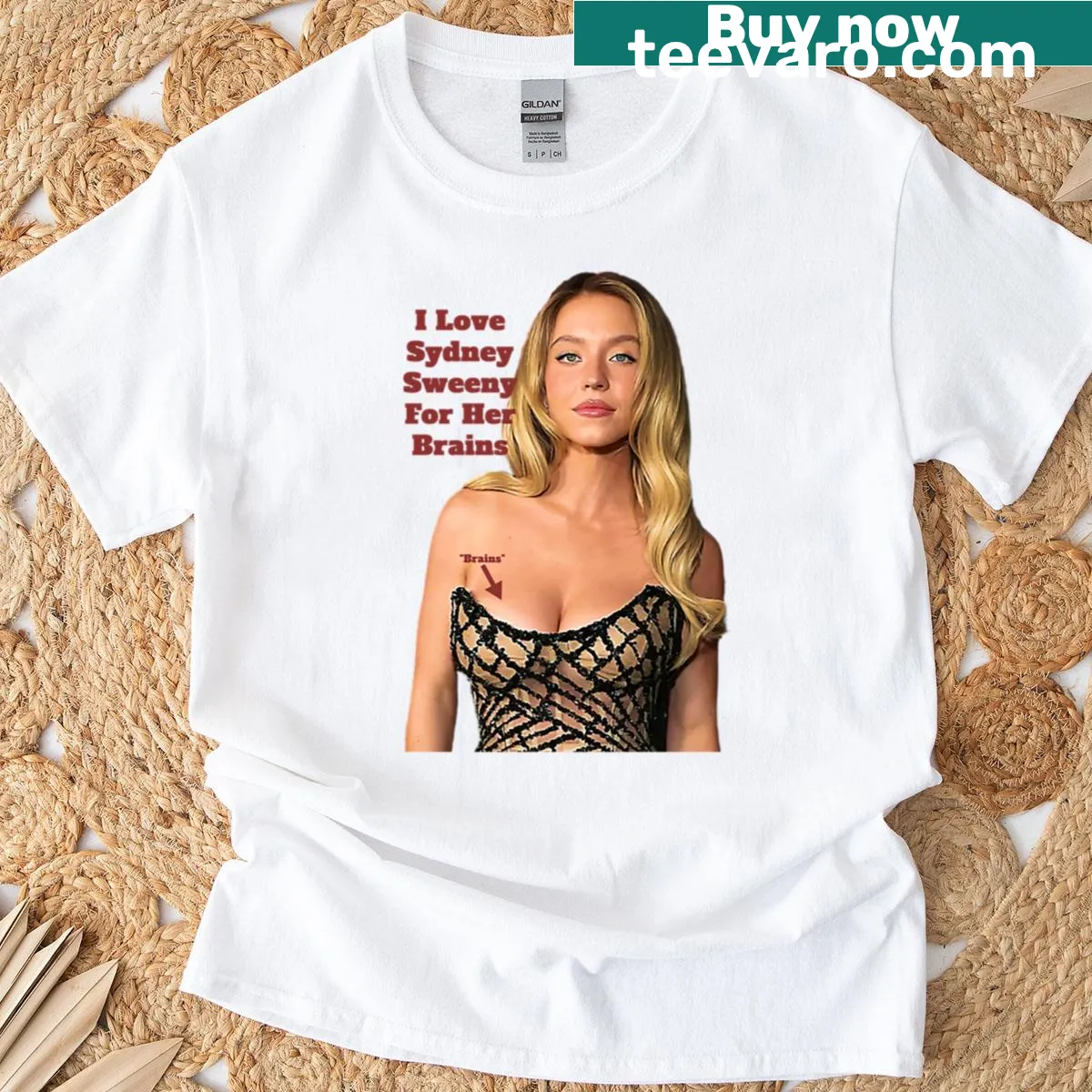 Sydney Sweeney themed t-shirt with a brain graphic — on a men's t-shirt