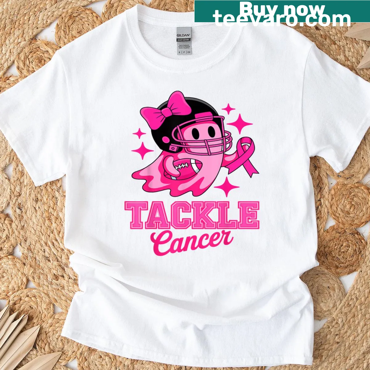 Breast cancer awareness football t-shirt — on a men's t-shirt