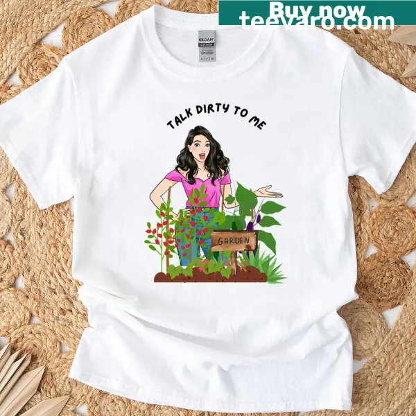Playful garden-themed graphic T-shirt with floral design