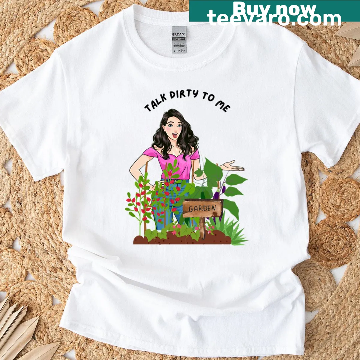 Playful garden-themed graphic T-shirt with floral design — on a men's t-shirt