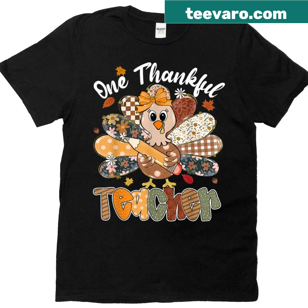 Funny Thanksgiving teacher t-shirt with turkey and leaves design — on a men's t-shirt