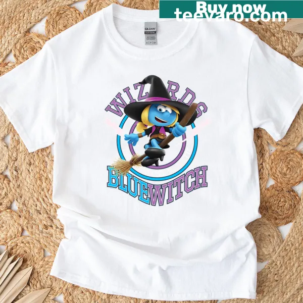 Smurfette illustration in witch attire on Halloween-themed T-shirt.