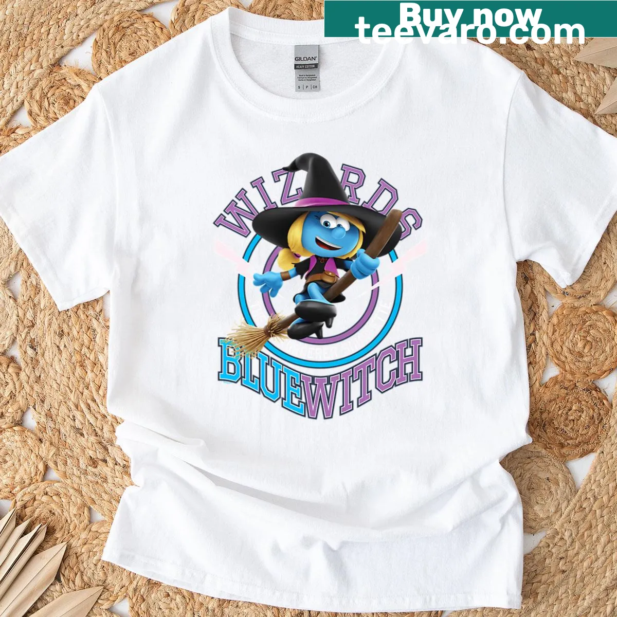 Smurfette illustration in witch attire on Halloween-themed T-shirt. — on a men's t-shirt