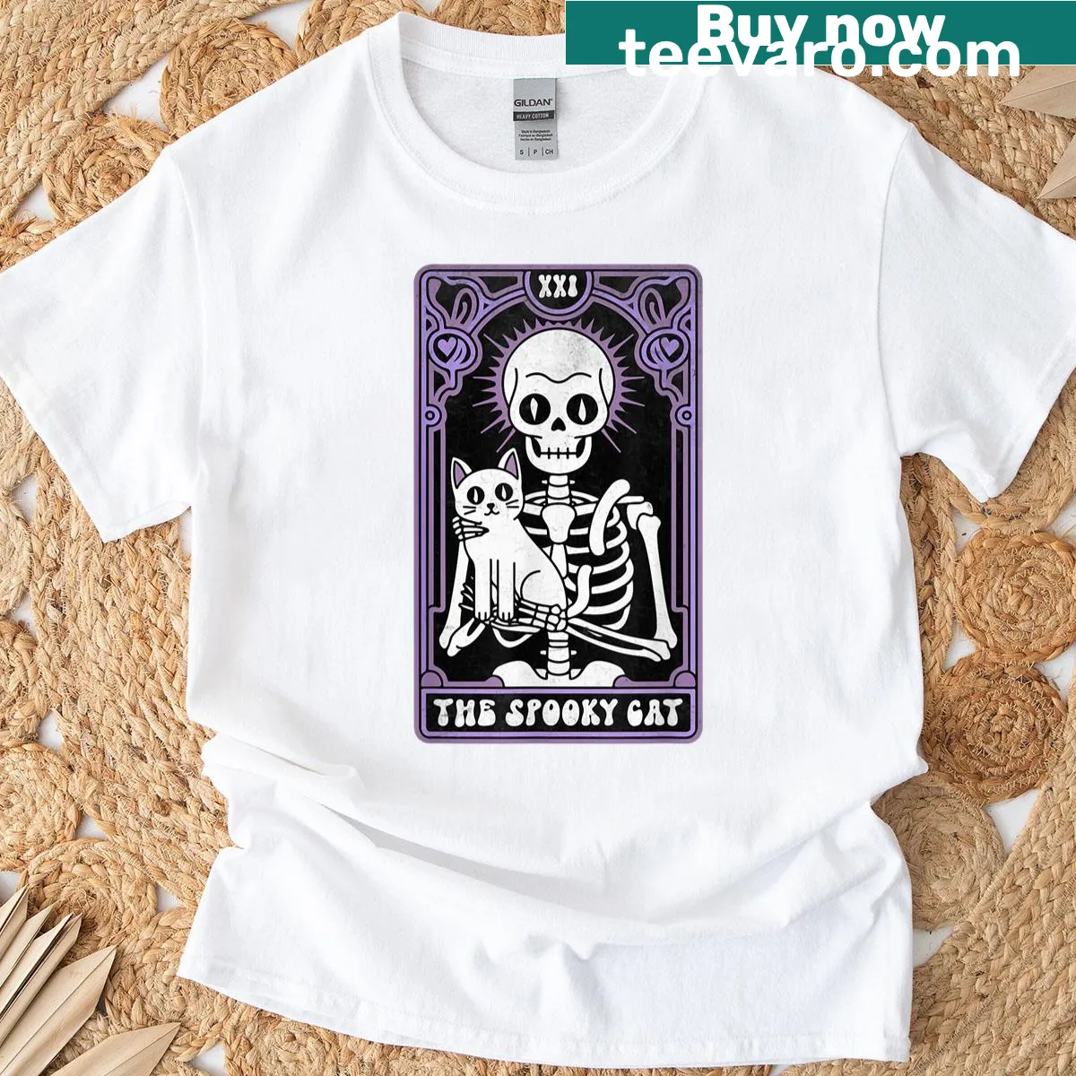 Tarot card style graphic of a skeleton hugging a cat — on a men's t-shirt