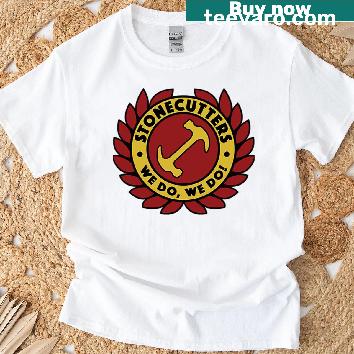 Distressed Stonecutters logo t-shirt — on a men's t-shirt