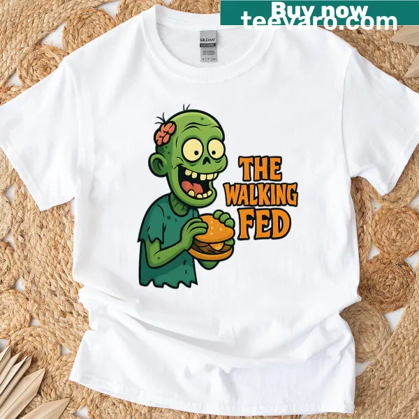 Funny Halloween T-shirt featuring zombie design with the phrase 'The Walking Fed'