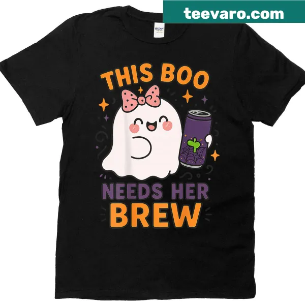 Cute ghost design on back of T-shirt that says 'This Boo Needs Her Brew'