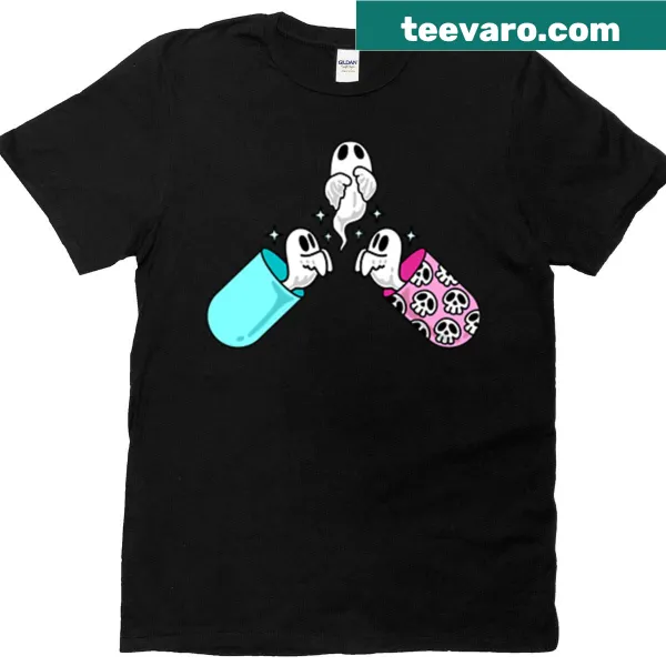 Three ghost women and wizard Halloween graphic tee.