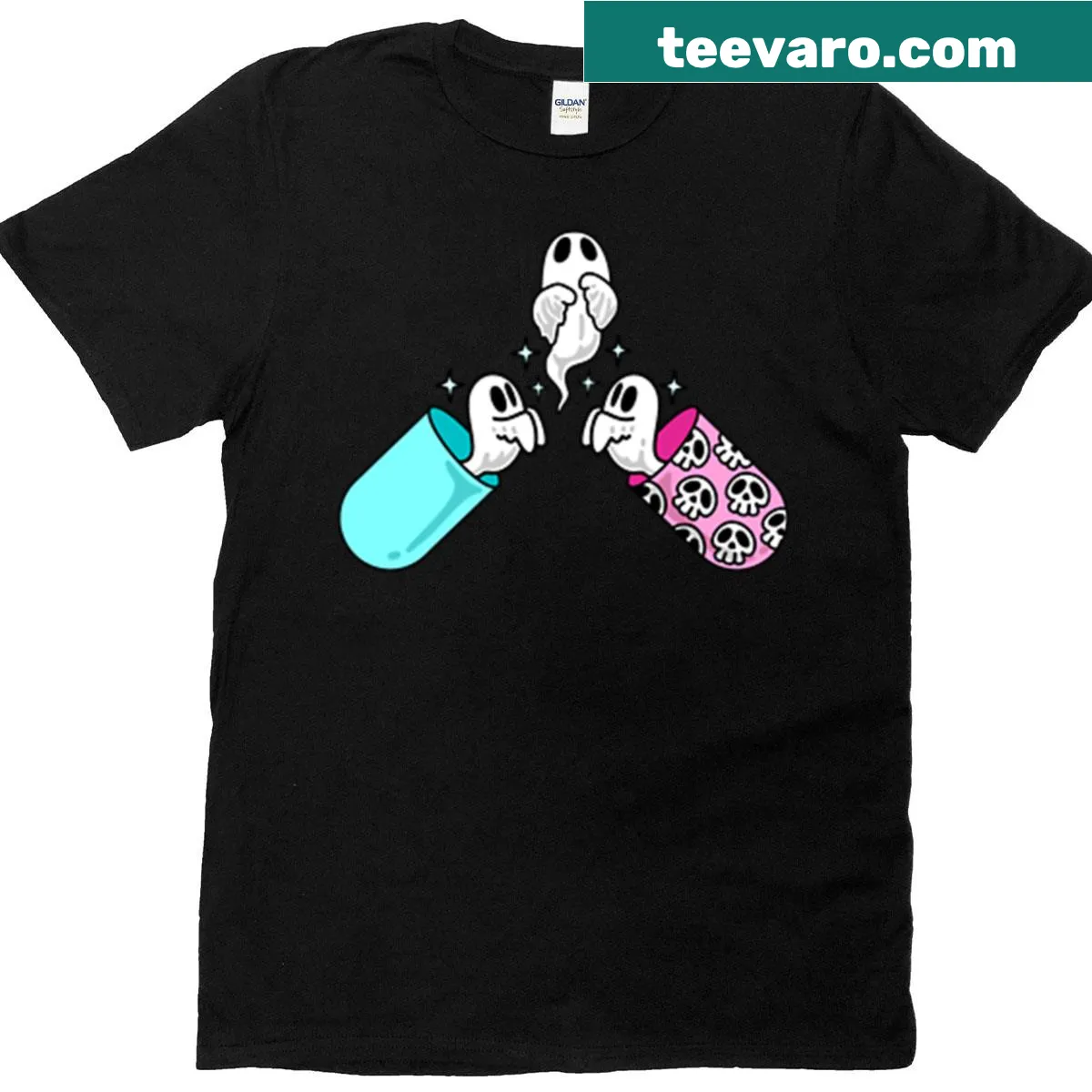 Three ghost women and wizard Halloween graphic tee. — on a men's t-shirt