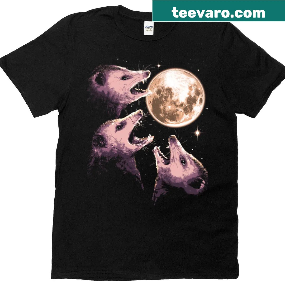 Illustration of three possums under a moon on a humorous t-shirt — on a men's t-shirt