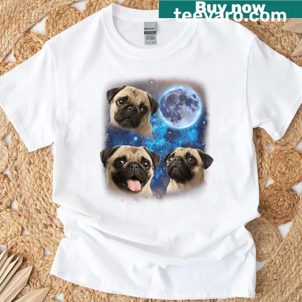 Vintage-style T-shirt with three howling pugs and a moon graphic