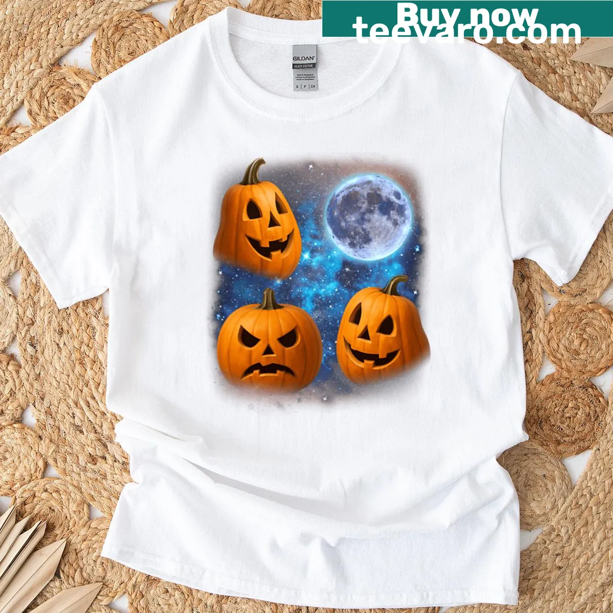 Funny t-shirt with three howling pumpkins and moon illustration — on a men's t-shirt