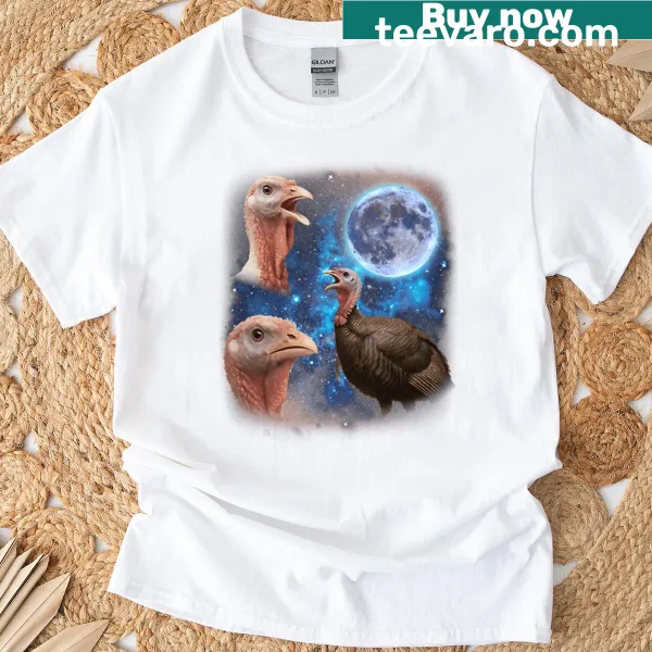 Three cartoon turkeys howling at the moon on a humorous T-shirt
