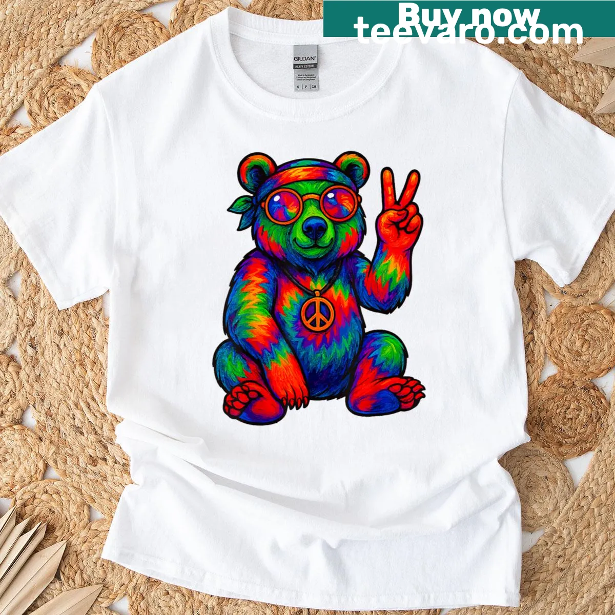 Tie-dye bear and hippo graphic with peace sign on T-shirt — on a men's t-shirt