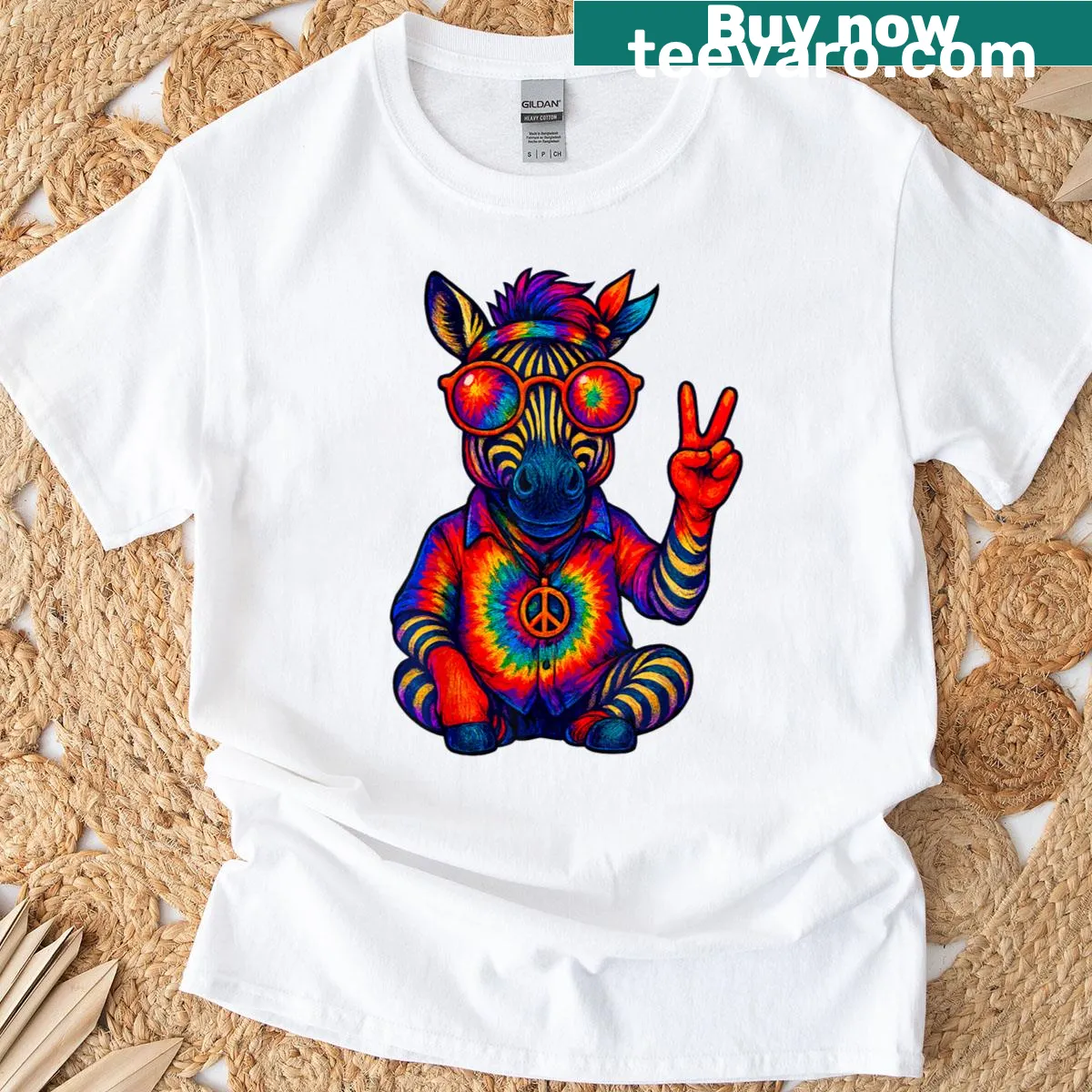 Cartoon hippo and zebra design with peace sign on T-shirt. — on a men's t-shirt