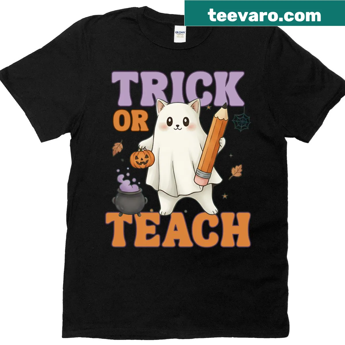 Cat in ghost costume with 'Trick Or Teach' text for Halloween tee. — on a men's t-shirt