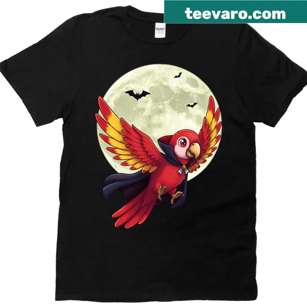 Vampire parrot flying in front of a full moon on a spooky t-shirt.