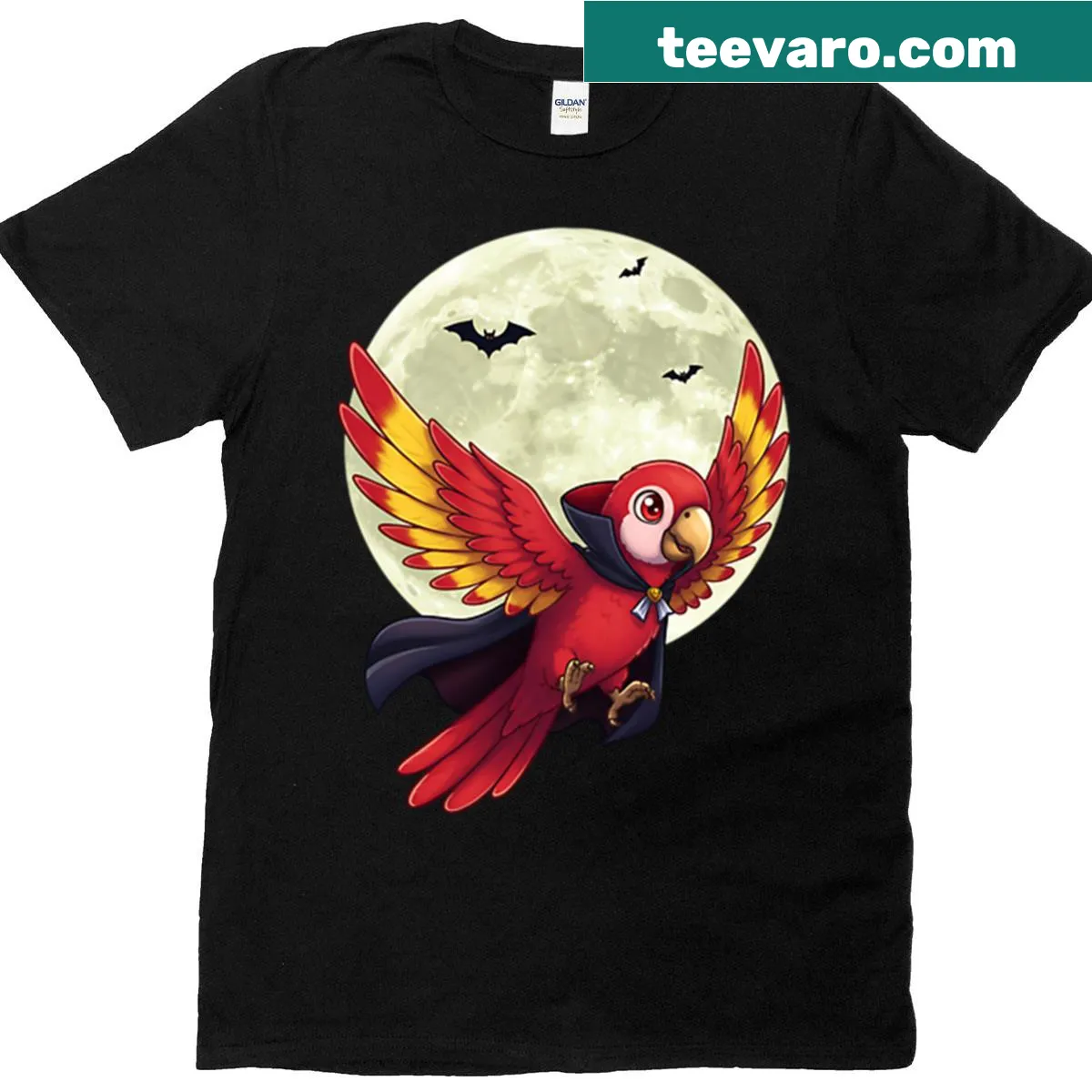 Vampire parrot flying in front of a full moon on a spooky t-shirt. — on a men's t-shirt