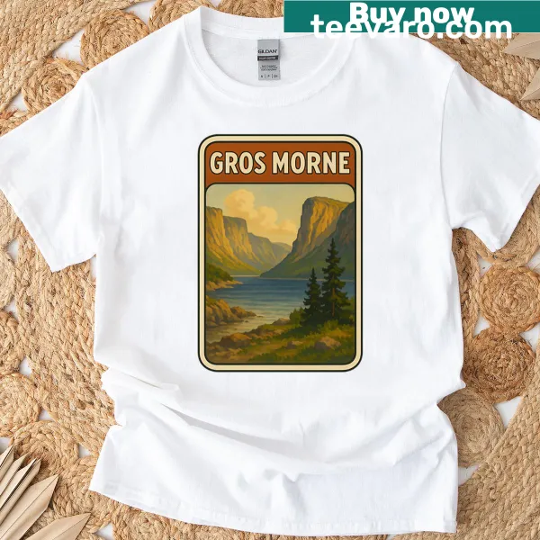 Vintage-style T-shirt featuring Gros Morne National Park illustration
