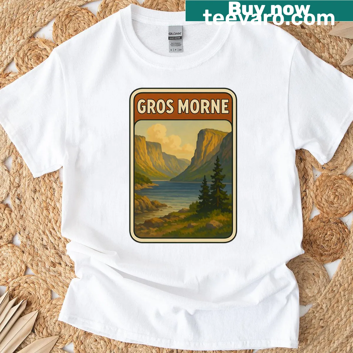 Vintage-style T-shirt featuring Gros Morne National Park illustration — on a men's t-shirt