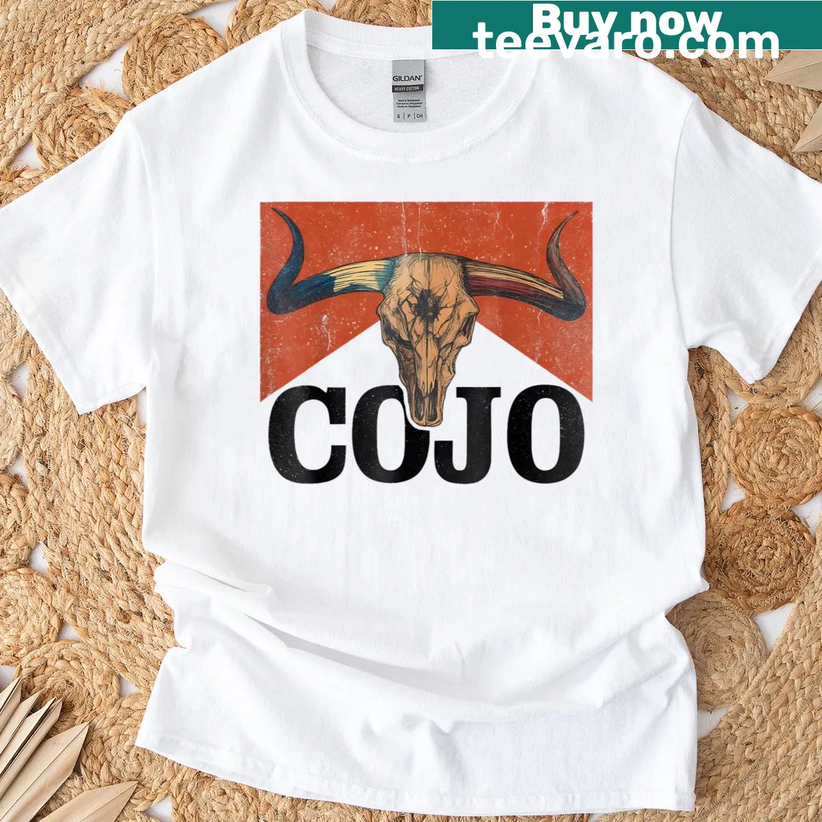 Vintage-style skull graphic t-shirt with western theme — on a men's t-shirt