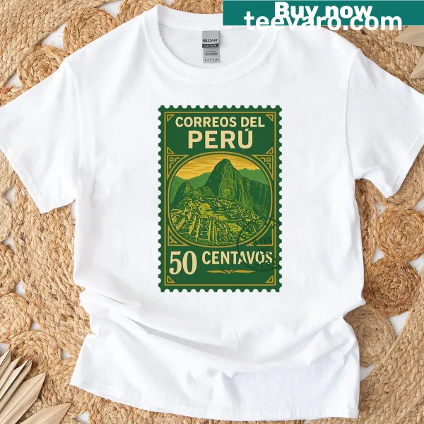 Vintage-style T-shirt featuring Machu Picchu in a postage stamp design