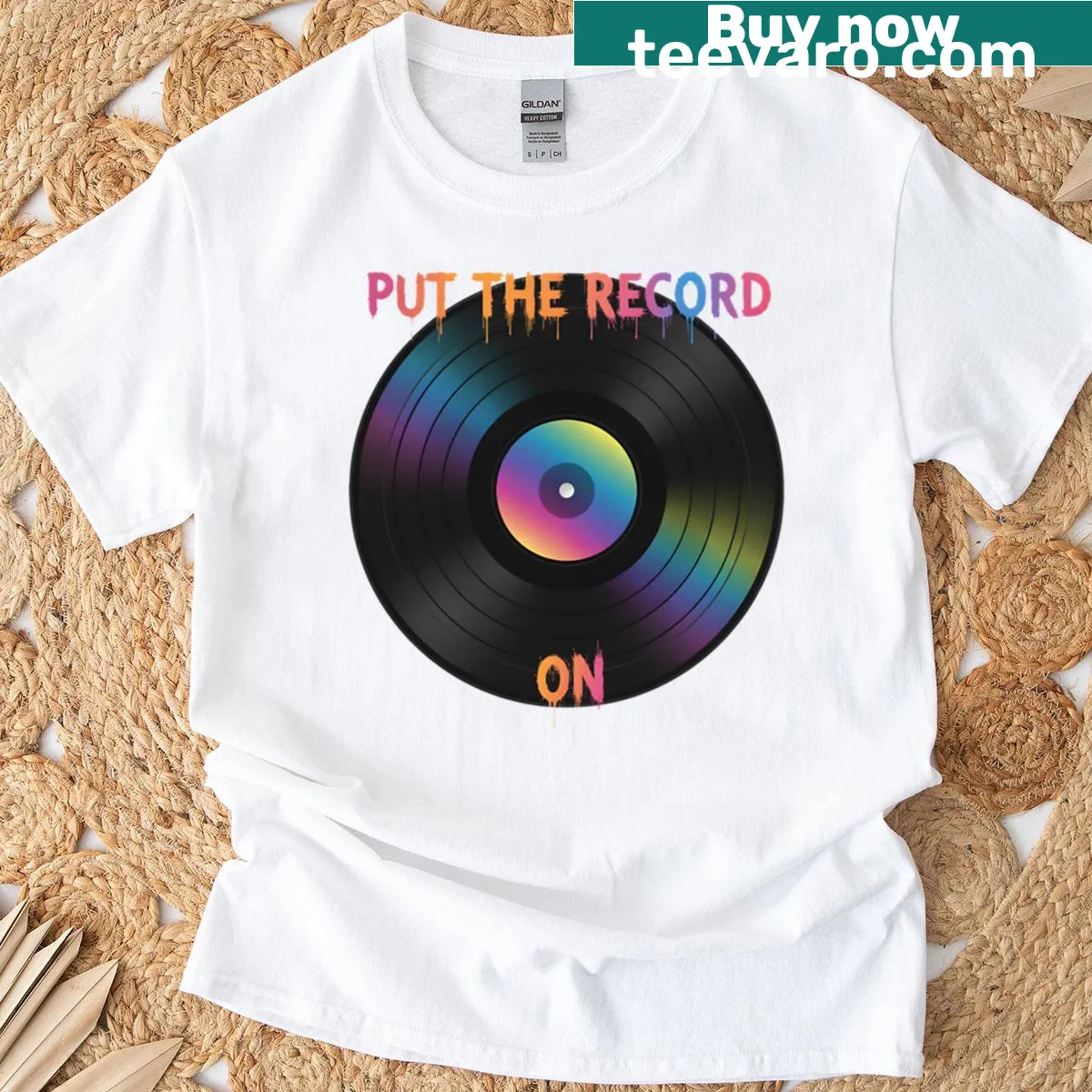 T-shirt featuring a neon reflection graphic of a vinyl record — on a men's t-shirt